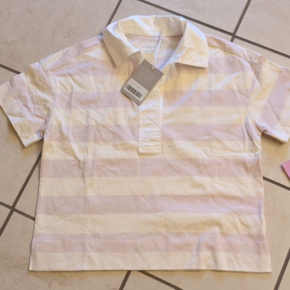 Lot Of 2 NWT Everlane Organic Cotton Polos Short Sleeve Top Mauve White Stripe S - Picture 11 of 16